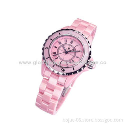 Pink Ceramic Watch with Mechanical Movement, Stainless Steel Case